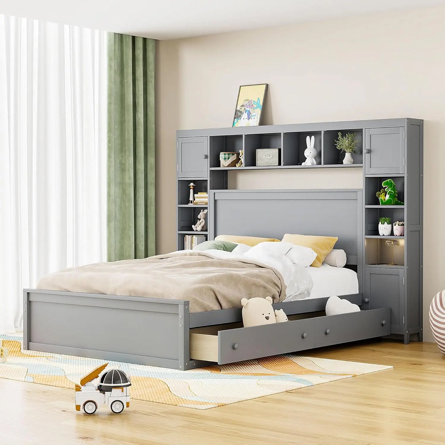 Storage Bed with Bookcase Headboard Platform Bed with Trundle and 2 Storage Drawers Solid Wood Bed Frame with Cabinet and Shelf