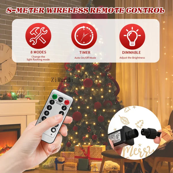 7.5 FT Pre-Lit Artificial Christmas Tree – 300 Warm White LED Lights with Red Ribbon, Holiday Home Décor & Metal Stand