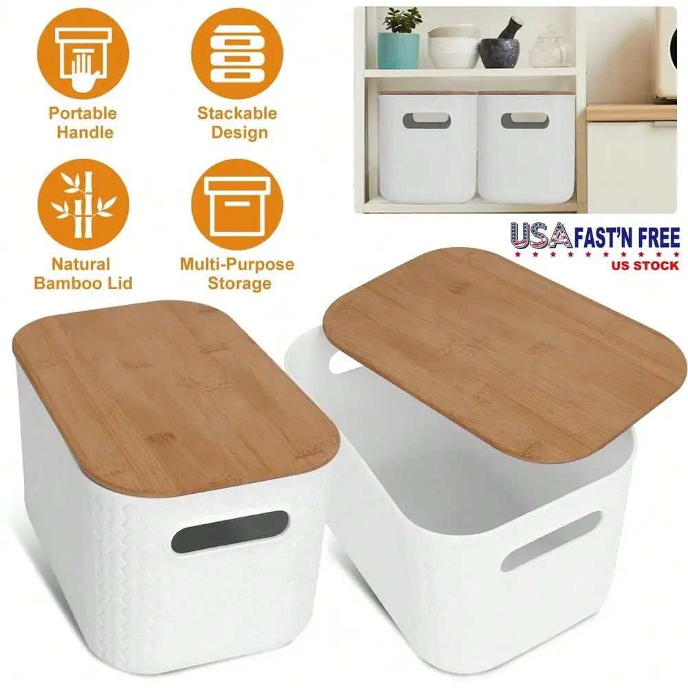 2PACK Stackable Storage Bin Bamboo Lids Kids Toys Organizer Closet Container