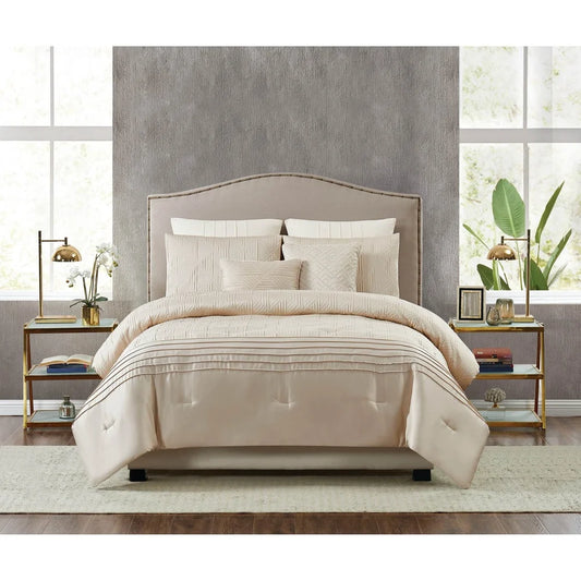 Elegant 7 Piece Queen Comforter Bedding Set Ivory Geometric