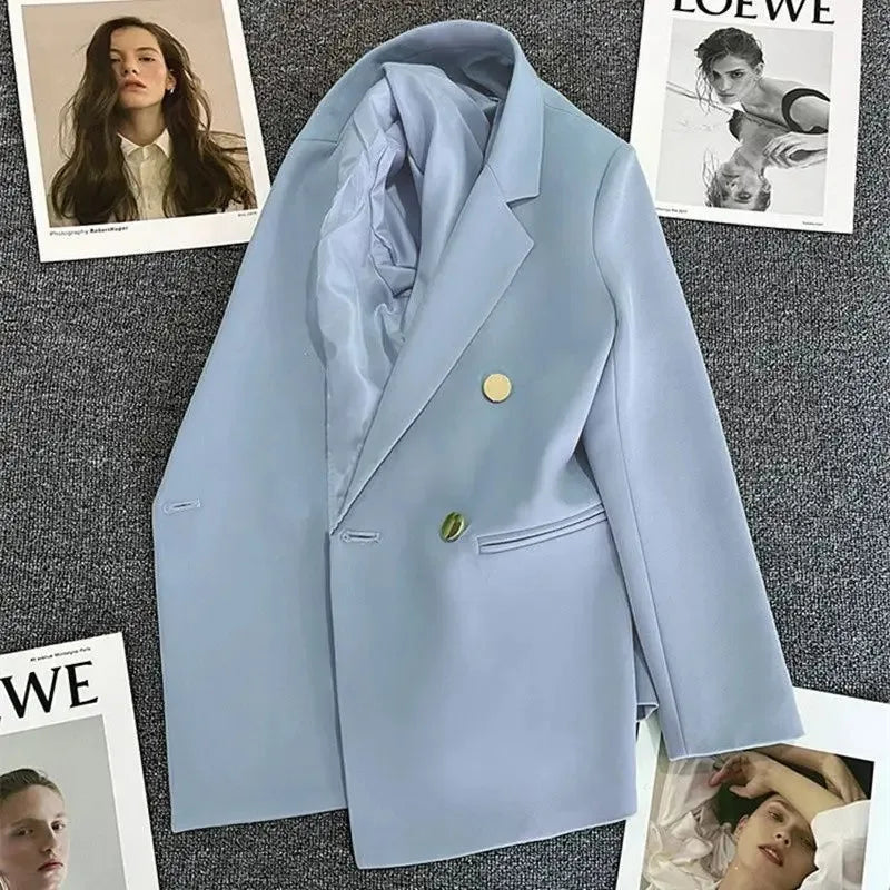 Women's Double-Breasted Blazer Coat . Elegant Long Sleeve Tailored Jacket