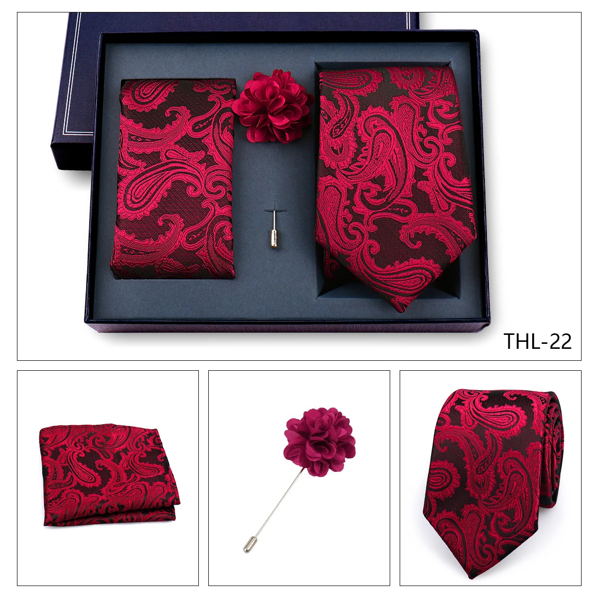 Luxury Men’s Paisley Necktie Gift Set. Silk Tie, Pocket Square, Cufflinks & Gift Box for Weddings & Business