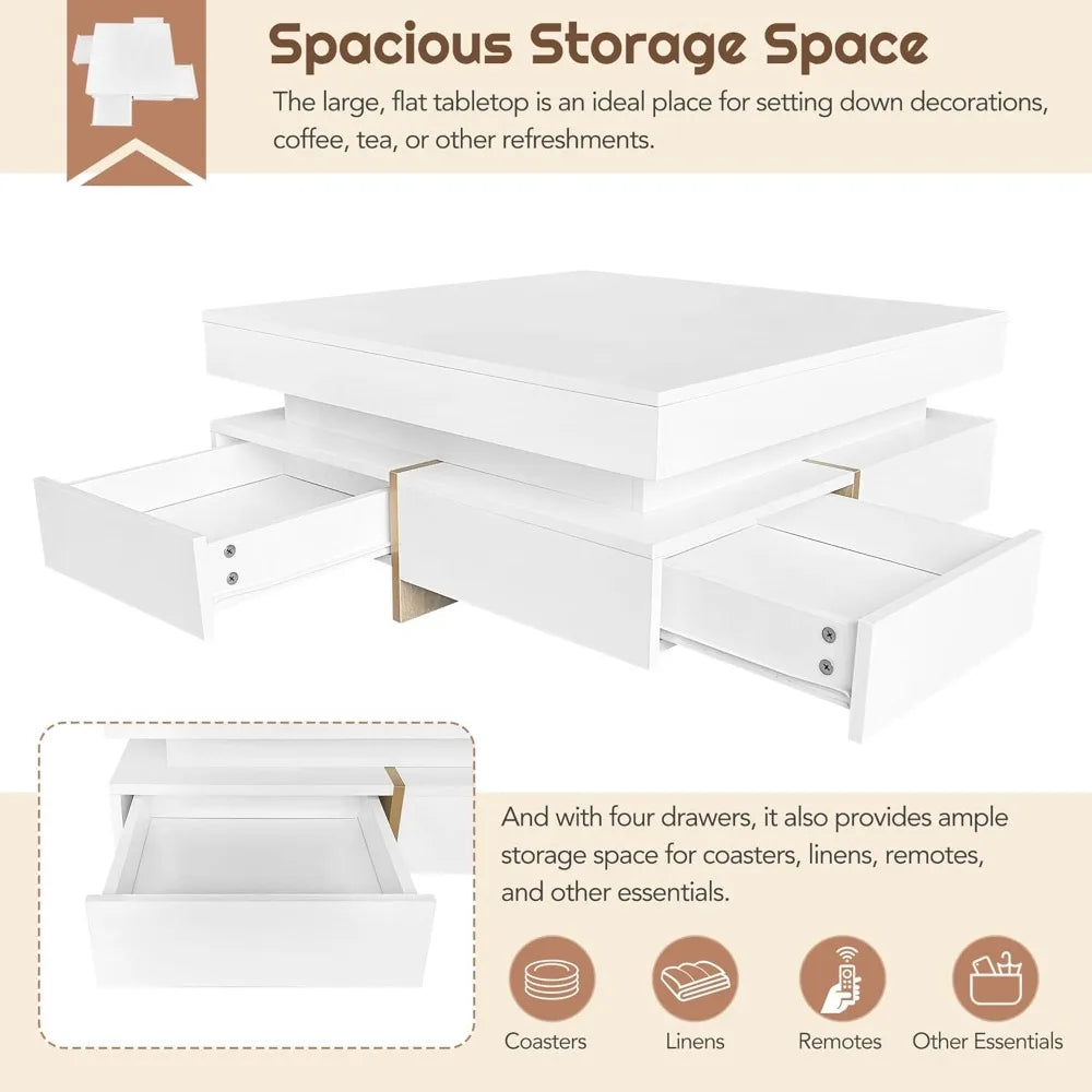 Modern Coffee Table with Storage, Contemporary Square Coffee Table with Drawers, High Gloss Modern Center Table for Living Room,