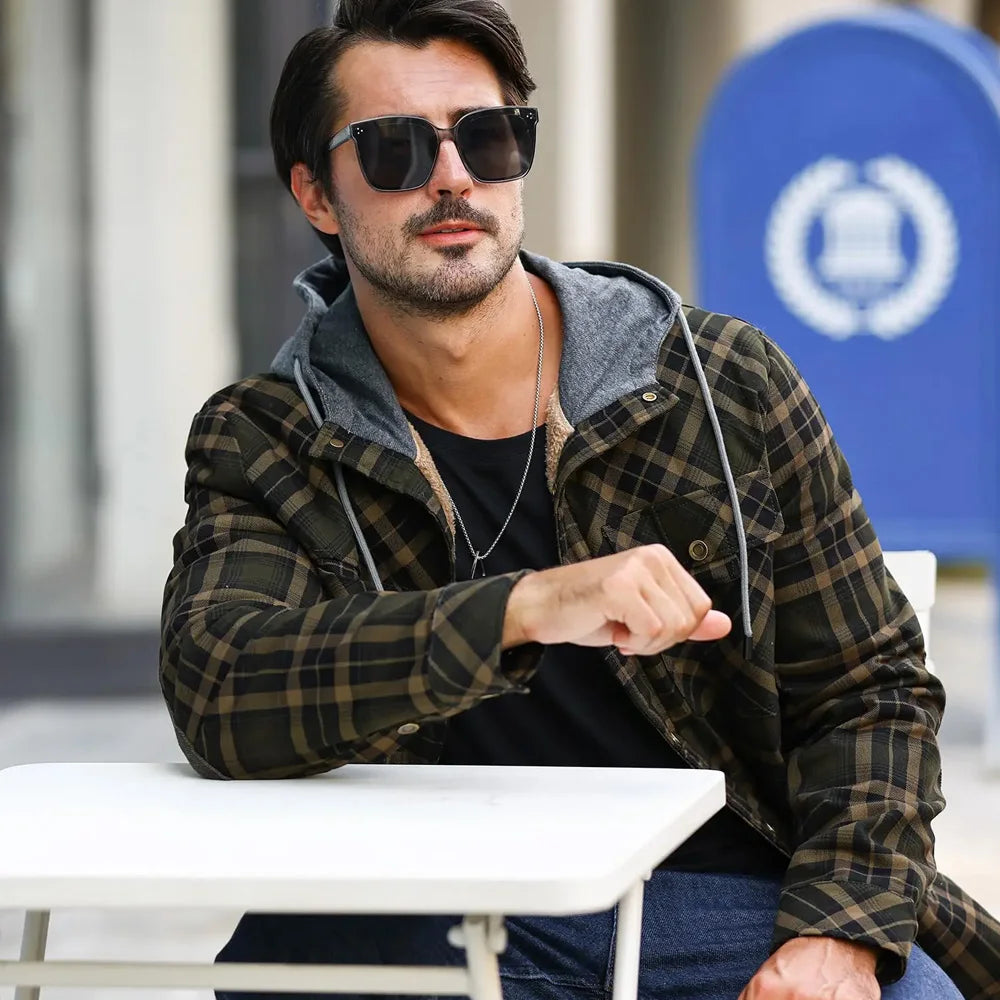 Men's Jackets Winter Hooded Warm Coat Casual Thicken Plaid Work Flannel Snap Sherpa Lined Fleece Clothing US Size