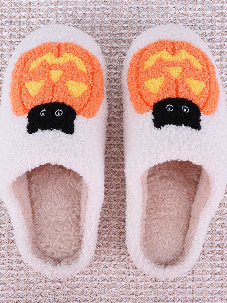 Halloween Plush Slippers Anti Slip Comfortable Furry Slippers Pumpkin Cat Pattern Warm Slip-On House Shoes for Winter Autumn