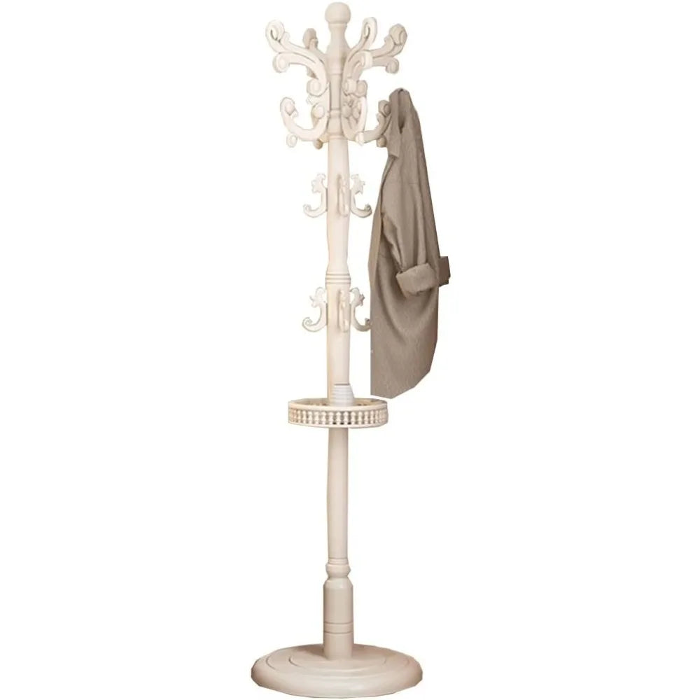 Coat Racks freestanding, Wooden Coat Rack Stand, Hall Tree Coat Rack Coat Hanger Stand with 14 Hooks, Storage Tray,Stable Base