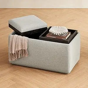 Luna Round Ottoman with Storage and Tray, Round Coffee Table with Storage, Upholstered Foot Stools Ottoman for Living Room, Bed
