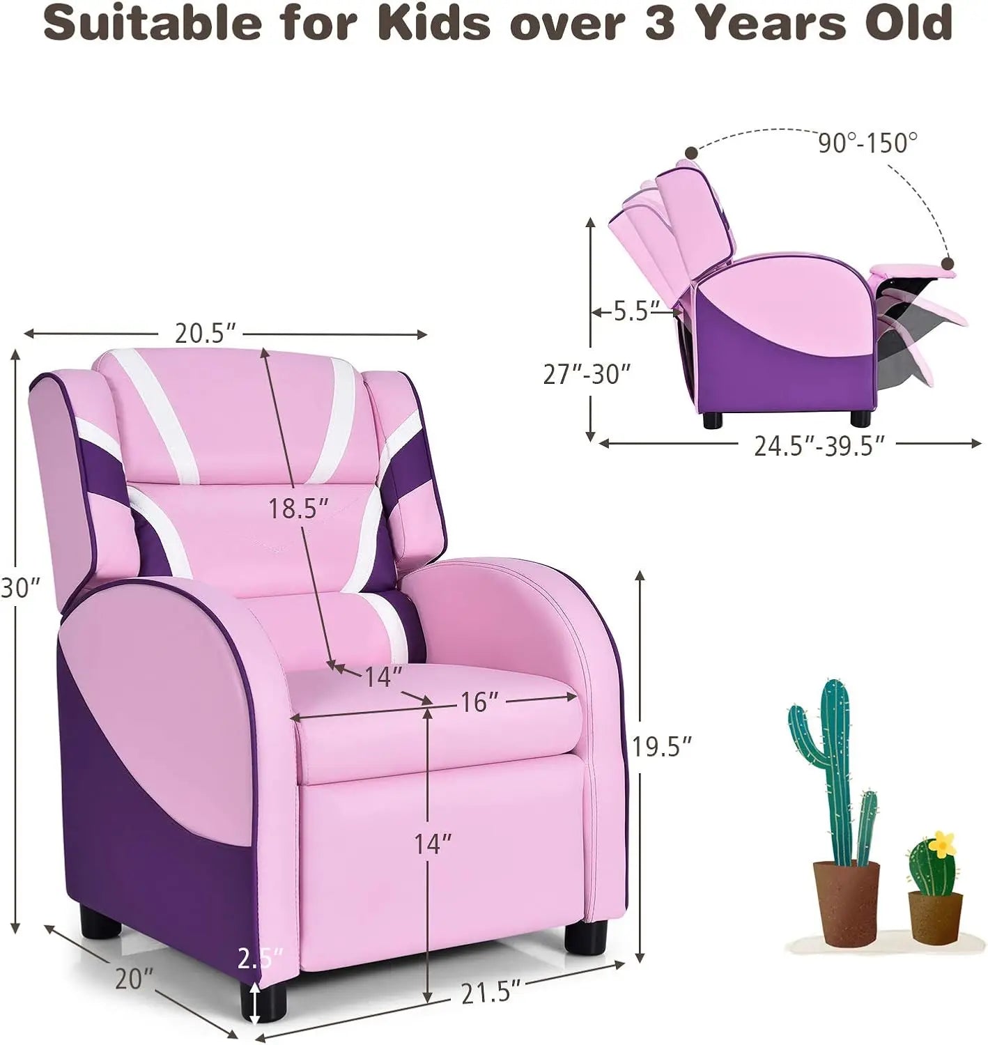 Kids Recliner Chair with Footrest, Headrest, Lumbar Support, Pink