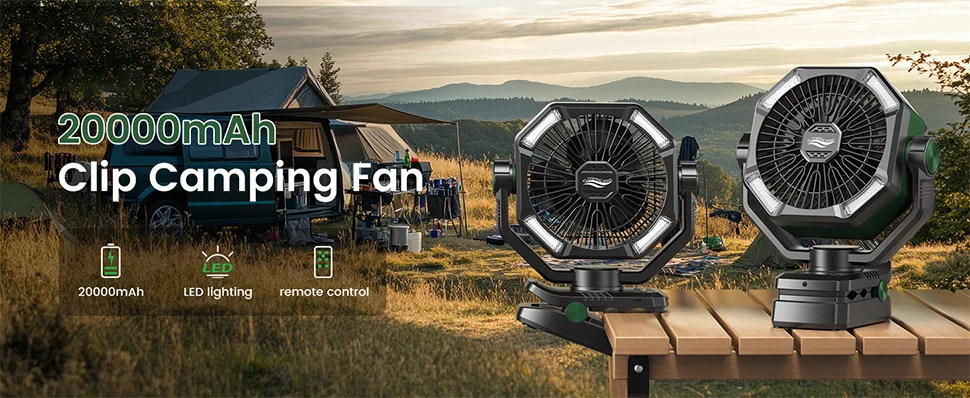 SKYTOO Rechargeable Camping Fan – 20,000mAh Portable Battery Fan with LED Lantern, Remote Control & Hanging Hook for Camping, RV, Tent & Emergency Use