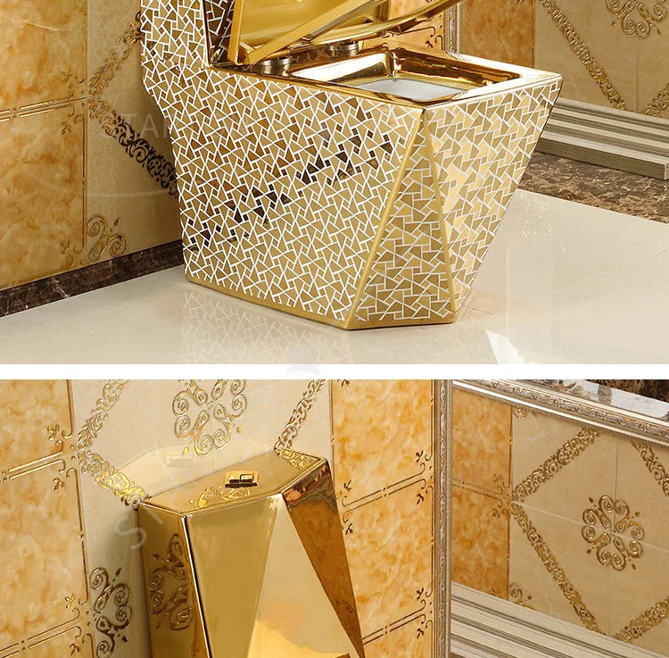 Luxury Gold Electroplated One-Piece Ceramic Toilet . Modern Designer Bathroom Fixture