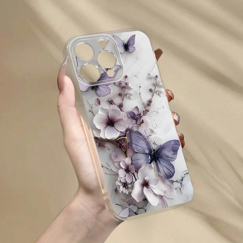 Purple Butterfly Floral Motif Phone Case For iPhone 17 16 15 14 13 12 11 Pro Max Plus Slim Protective Cover