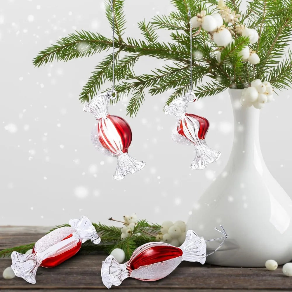 Syhood 12 Pcs Christmas Glass Candy Ornaments - Red White Candy Lollipop Hanging Ornaments for Xmas Tree Party Decoration