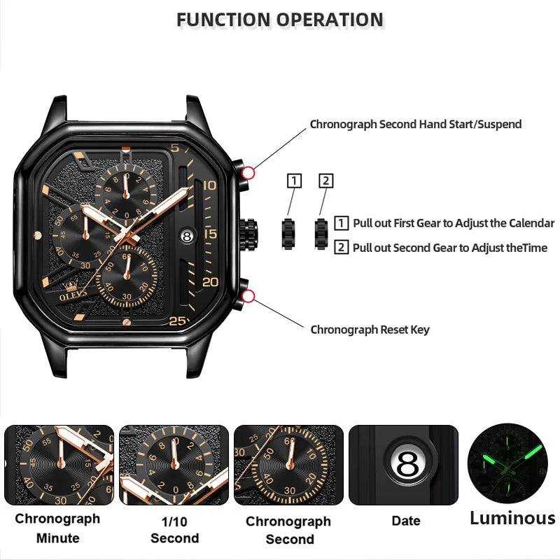 Men’s Square Sports Watch – Bold Black Dial & Modern Statement Design