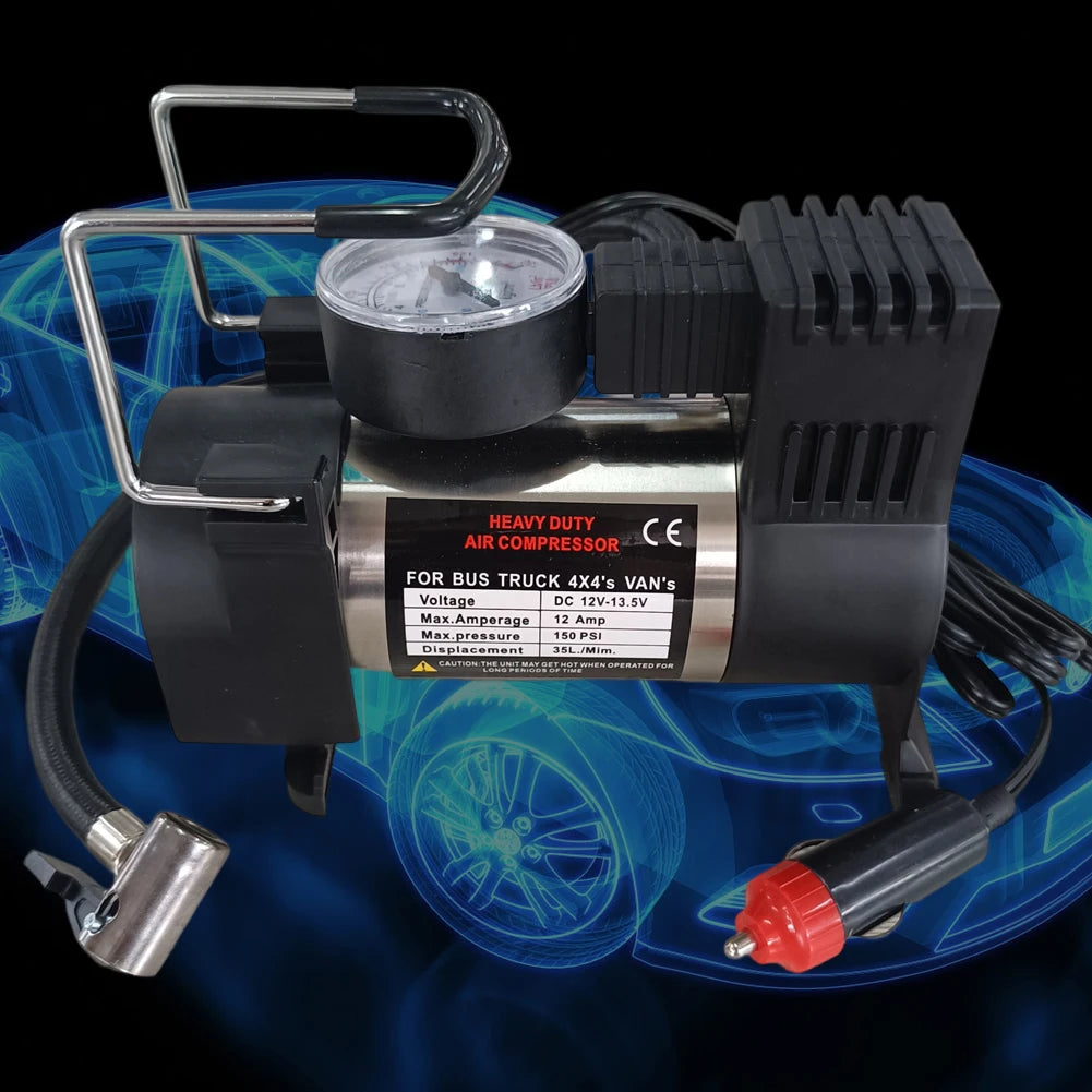 Heavy Duty 12V Portable Tire Inflator Air Compressor | 150 PSI Metal Car Air Pump for Cars, SUVs, Motorcycles & Bicycles