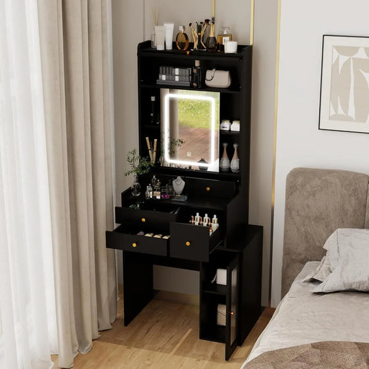 Small Vanity Desk with Sliding Mirror and Lights Black Makeup Vanities Set with Drawers Compact Dressing Table with Cabinet