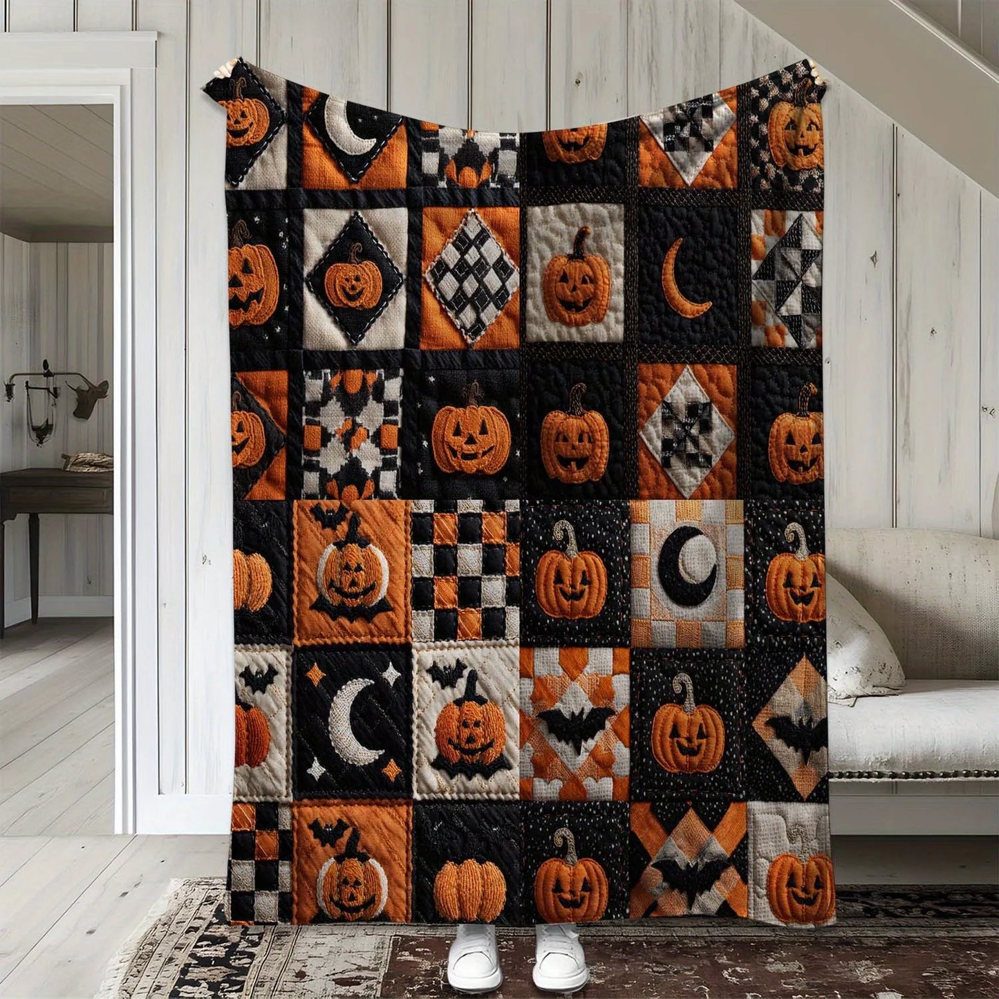 1pc Halloween Plaid Pumpkin Moon Print Flannel Blanket - Warm, Soft & Cozy Throw for Sofa, Bed, Car, Office, Camping & Travel