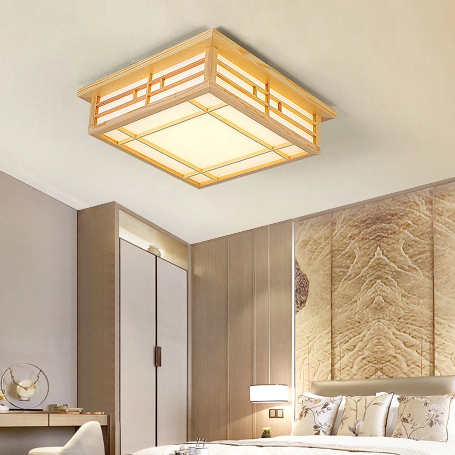Japan Style Ceiling Lamp Solid Wood Wooden LED Light Flush Mount Ceiling Light with Remote Control For Bedroom Living Room