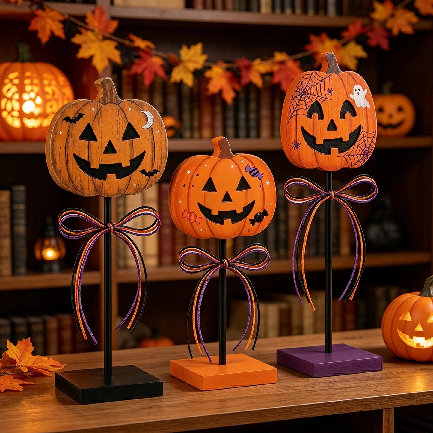 3-Piece Halloween Jack-O’-Lantern Tabletop Décor Set. Rustic Pumpkin Metal Stand Decorations for Fall & Halloween Home Déco