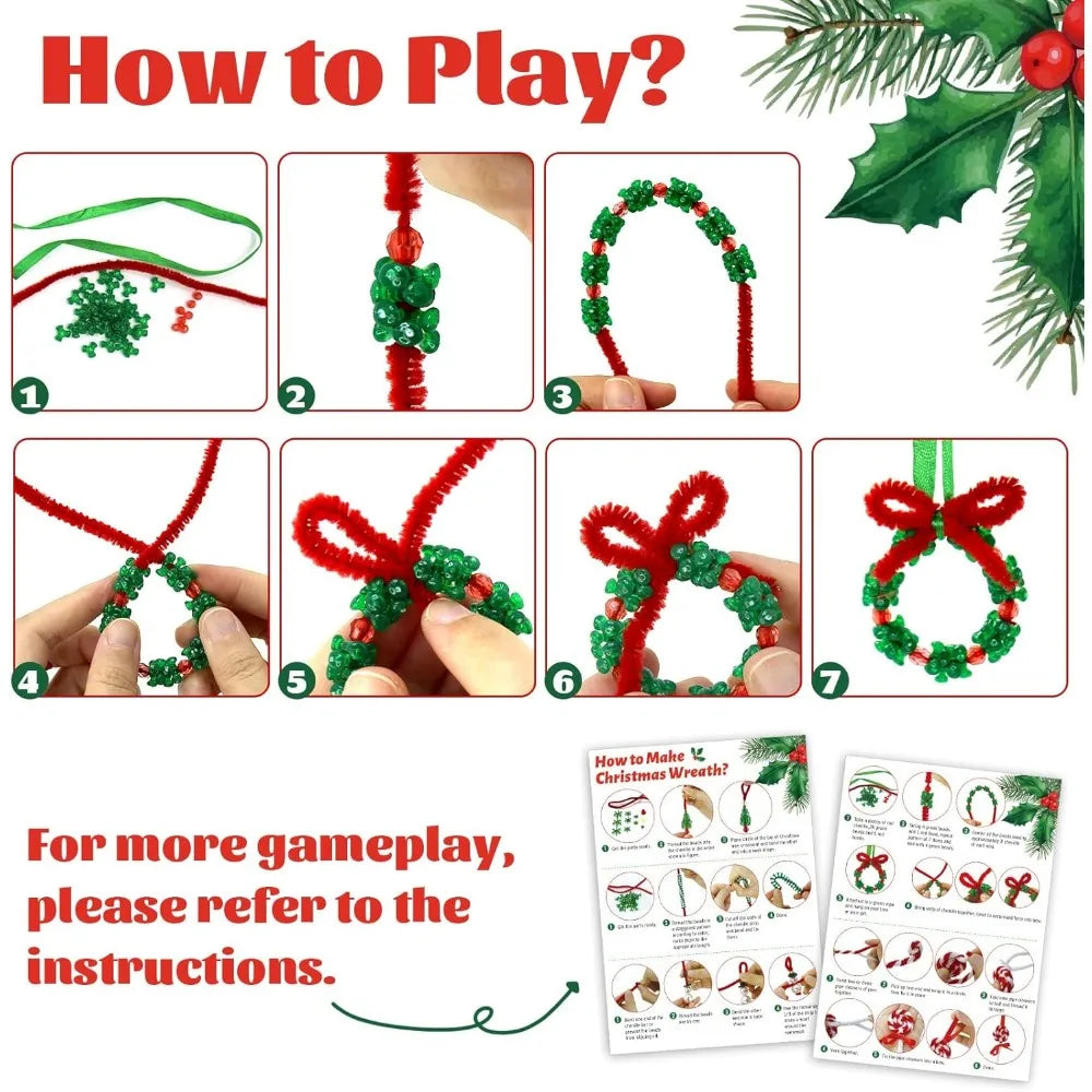45 Sets Christmas Beaded Ornament Kit, Christmas Beads for Crafts with Pipe Cleaners to Make Snowman Christmas Tree Wreath Cand