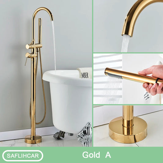 Black Bathroom  Bathtub Faucet With Hand Shower  Hot and Cold Faucet Floor Mounted Tub