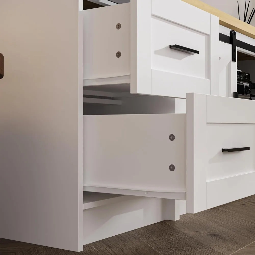 Farmhouse TV Stand for 100" TV, 94.5" Entertainment Center with Storage Drawers, Barn Doors and Cable Management, Media