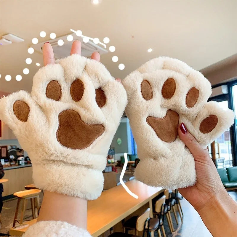 Lovely Plush Cat Claw Paw Gloves Short Fingerless Mittens