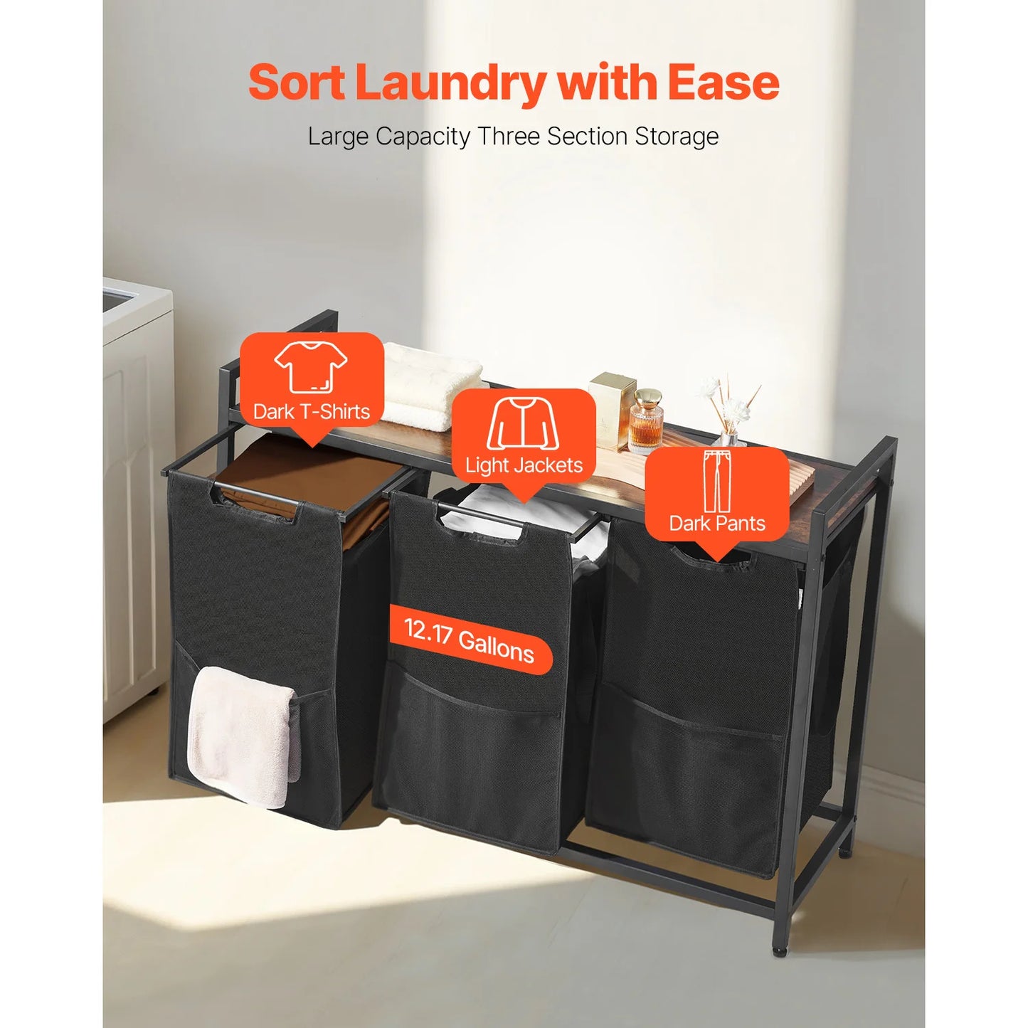 3-Section Laundry Sorter with Storage Shelf. Rolling Laundry Organizer