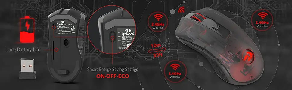 Redragon M652 2.4GHz Wireless Gaming Mouse, Ergonomic Optical USB Mouse with Adjustable DPI for PC, Laptop & Mac