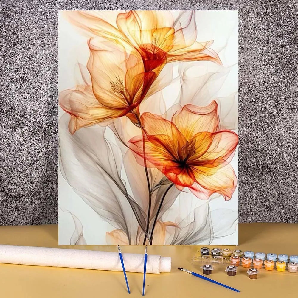 DIY Paint by Numbers Ink & Wash Flower Canvas Kit . Floral Acrylic Painting Set for Adults & Beginners Home Wall Decor Gift