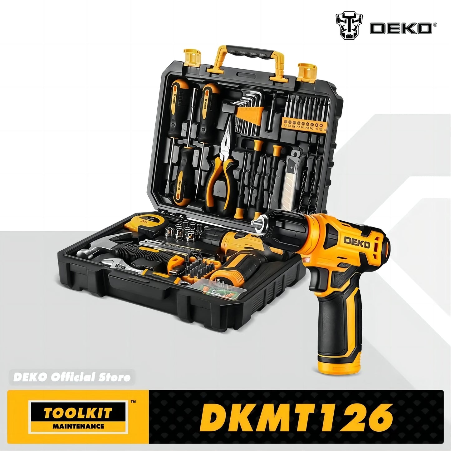 DEKO 126Pcs Power Tool Combo Kits with 8V Cordless Drill,10MM 3/8'' Keyless Chuck,Professional Home Household DIY Hand Tool Kits