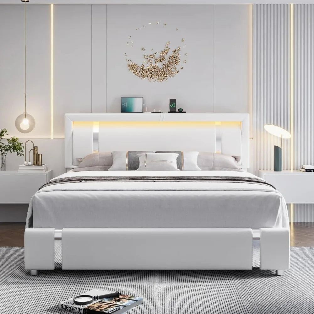 "contemporary rgb led illuminated bed frame with storage drawers and upholstered leatherette platform bed"