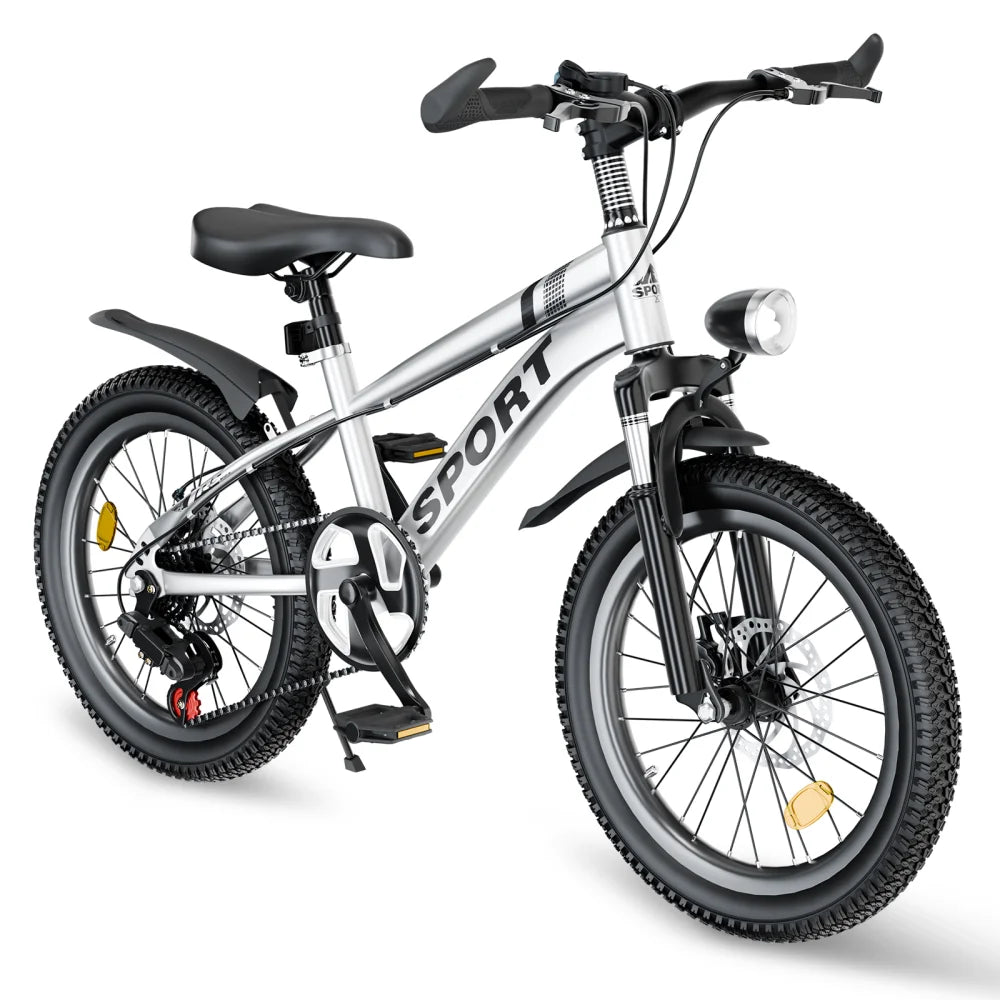 FKZNPJ 20-Inch Kids Mountain Bike . 7-Speed Bicycle with Front Suspension, Dual Disc Brakes & Adjustable Seat