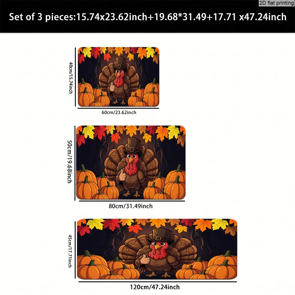 Thanksgiving Kitchen Runner Rug. Pumpkin, Turkey & Fall Leaves Non-Slip Floor Runner for Autumn Harvest Home Décor
