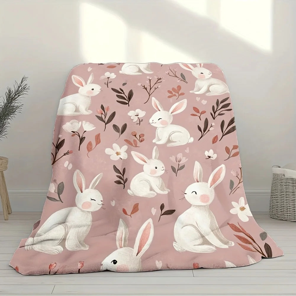 Cozy Easter Bunny Flannel Throw Blanket .Soft Pink Floral Rabbit Design for Couch & Bed