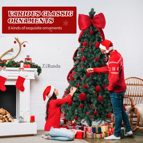 7.5 FT Pre-Lit Artificial Christmas Tree – 300 Warm White LED Lights with Red Ribbon, Holiday Home Décor & Metal Stand