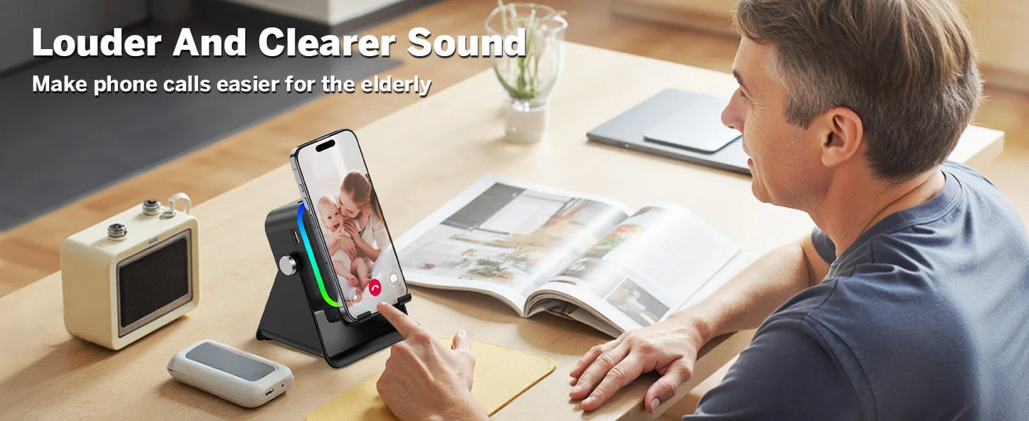 5-in-1 Wireless Charging Speaker Phone Stand with RGB Light and Bluetooth Audio