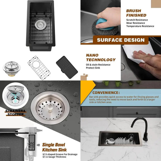 black kitchen and bar sink,10x18 inch stainless steel drop in single bowl undermount rv prep small kitchen&bar sink ideal choice