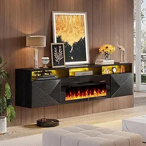 80 inch Floating TV Stand with 40" Electric Fireplace, Wall Mounted Electric Fireplace Entertainment Center with Storage Space,