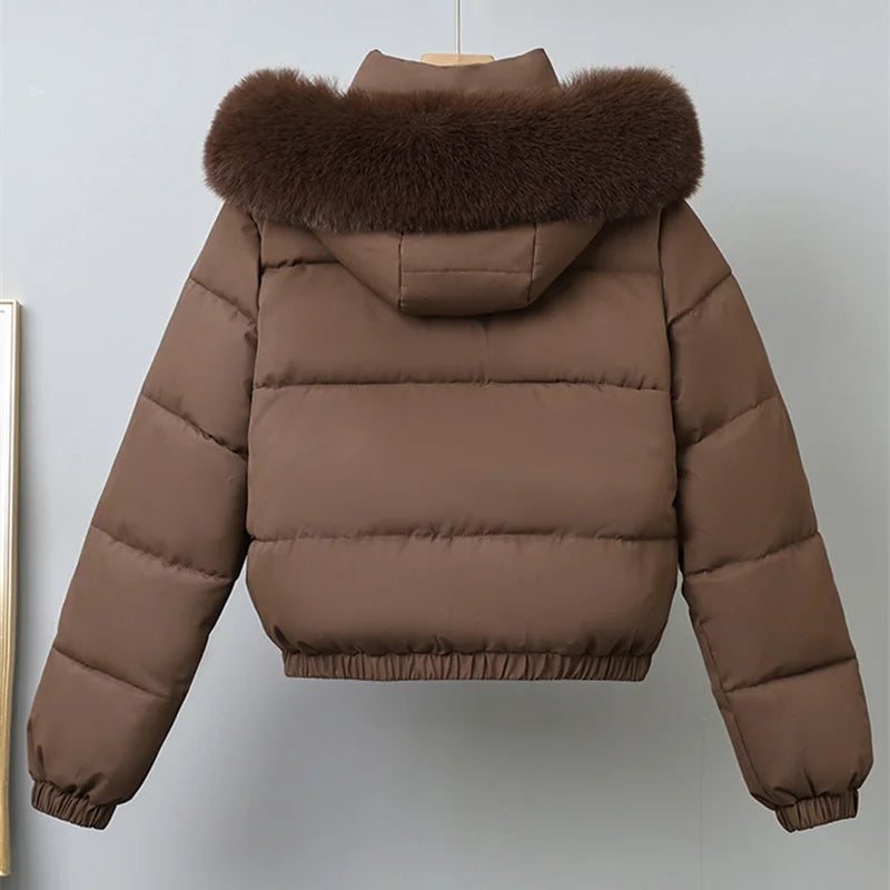 Women's Short Hooded Puffer Jacket. Cotton-Padded Winter Parka with Faux Fur Trim