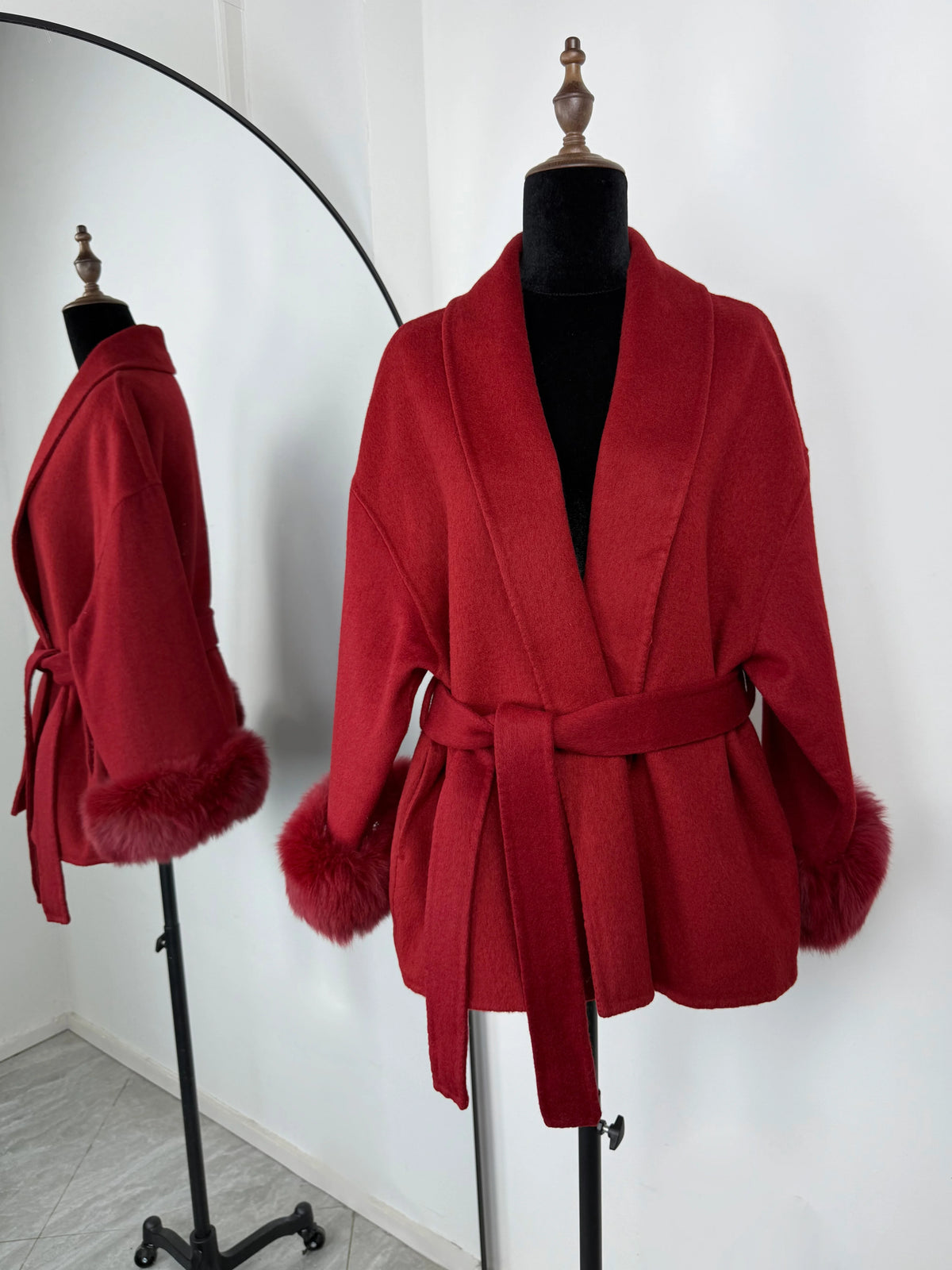 Women's Short Faux Fur Coat – Elegant Belted Winter Jacket with Shawl Collar