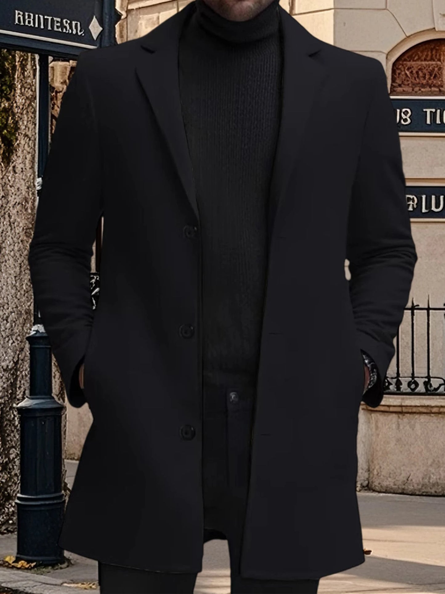 Men s Classic Wool Blend Pea Coat with Notched Lapel Collar and Single Button Closure - Stylish Mid-Length Winter Jacket for