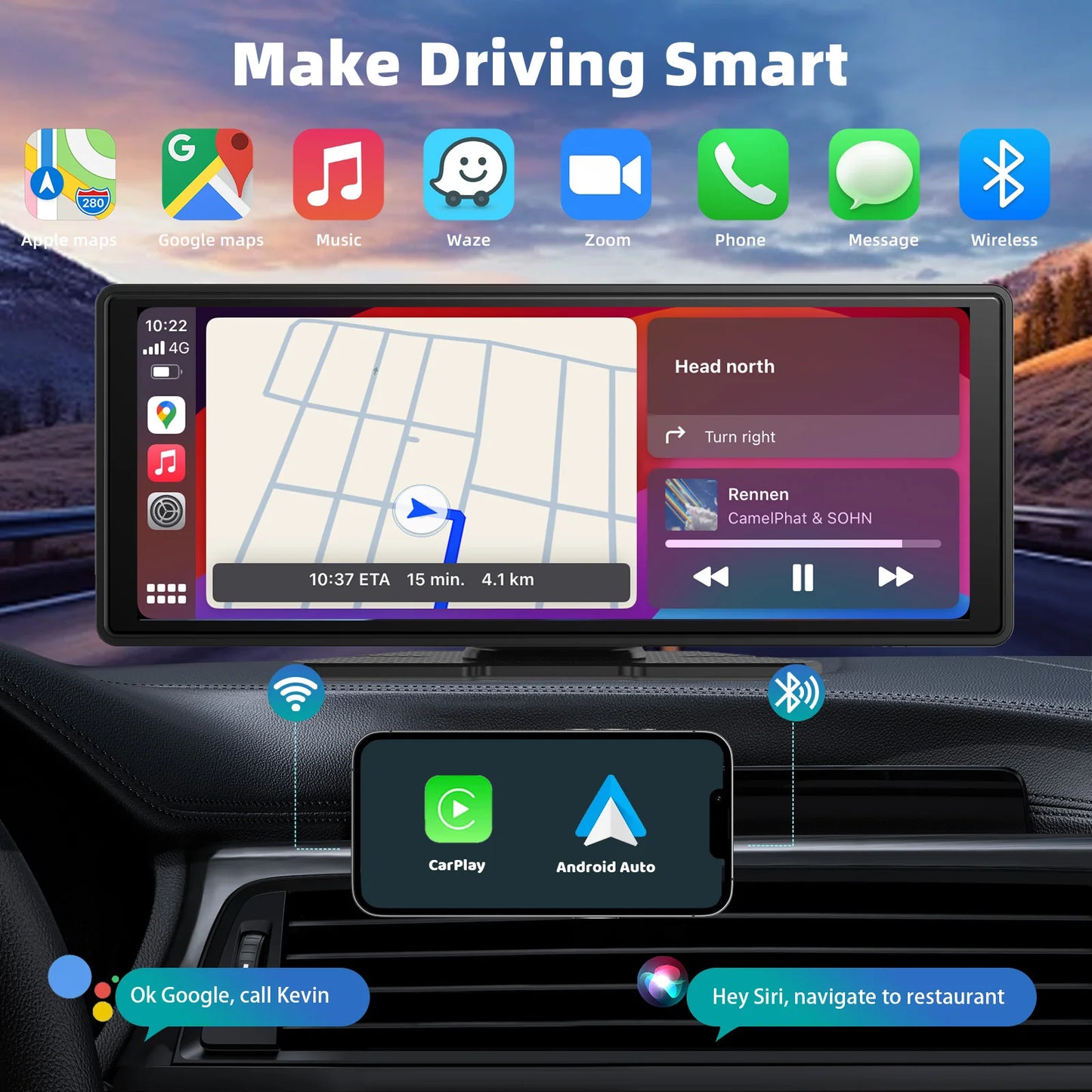 Portable Wireless CarPlay & Android Auto Car Stereo .10.26” HD Touchscreen Display with Bluetooth, GPS & Voice Control  Description: