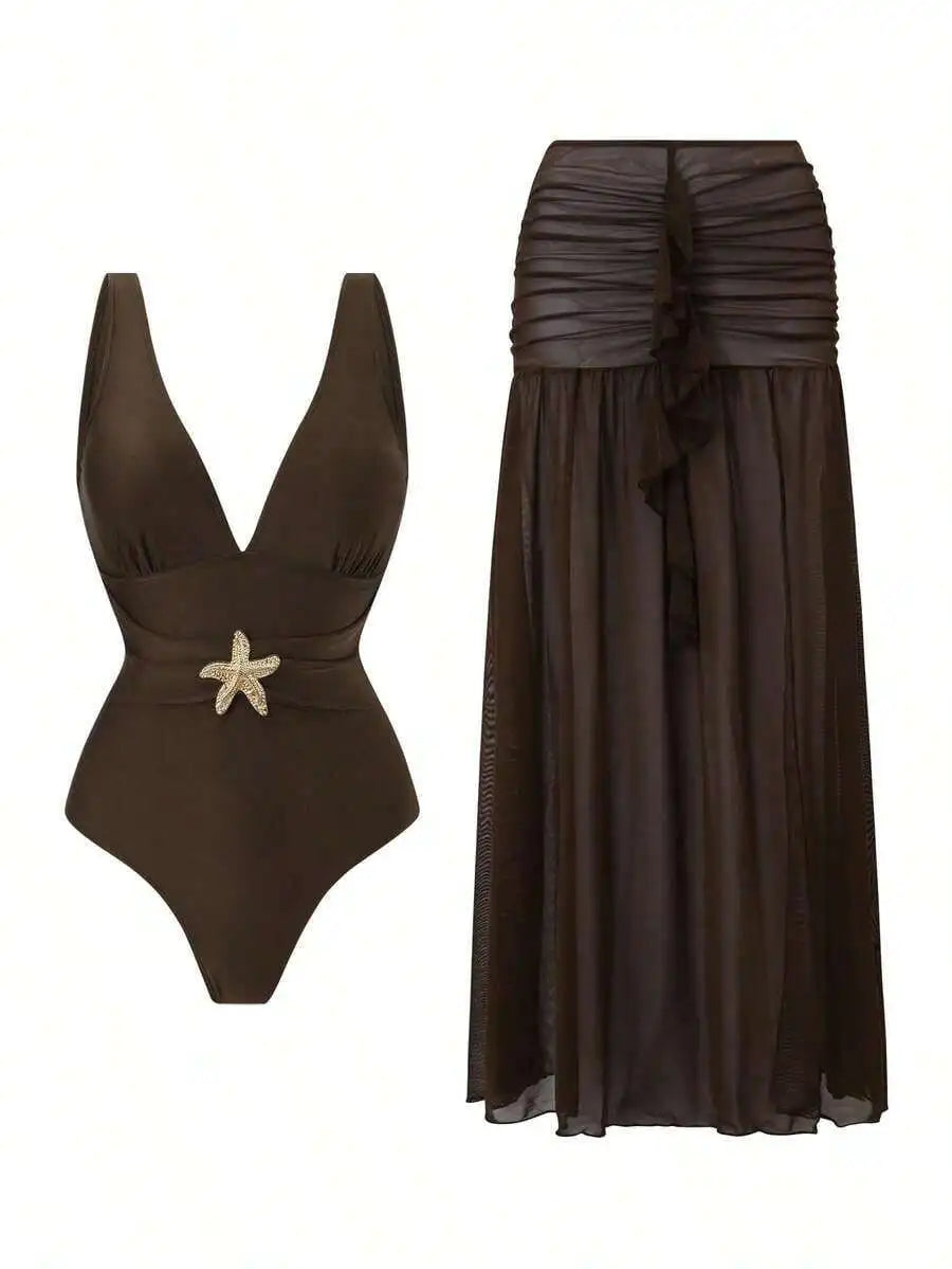 Women’s Brown Deep V-Neck Ruched One-Piece Swimsuit with Sheer Cover-Up | Beach & Resort Swimwear