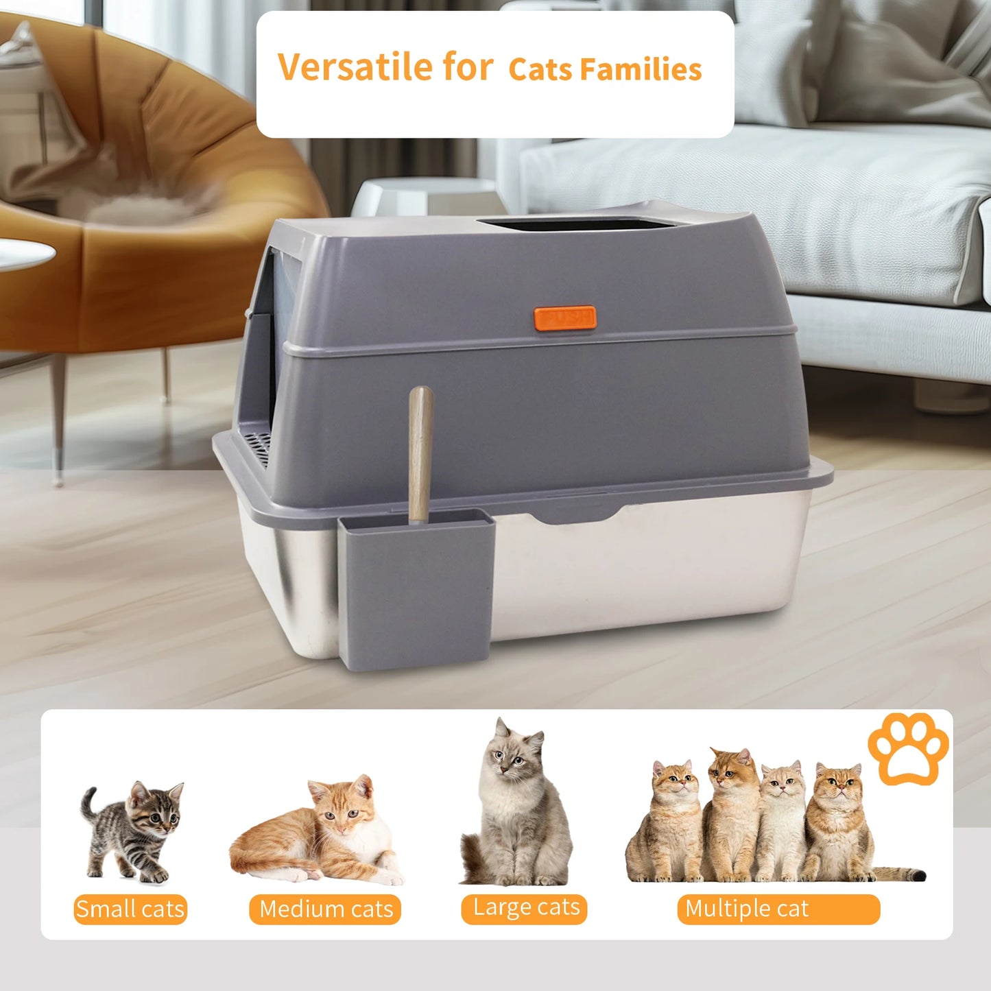 Enclosed Stainless Steel Cat Litter Box with Lid for Extra Large Cats Kitty Semi-open Design