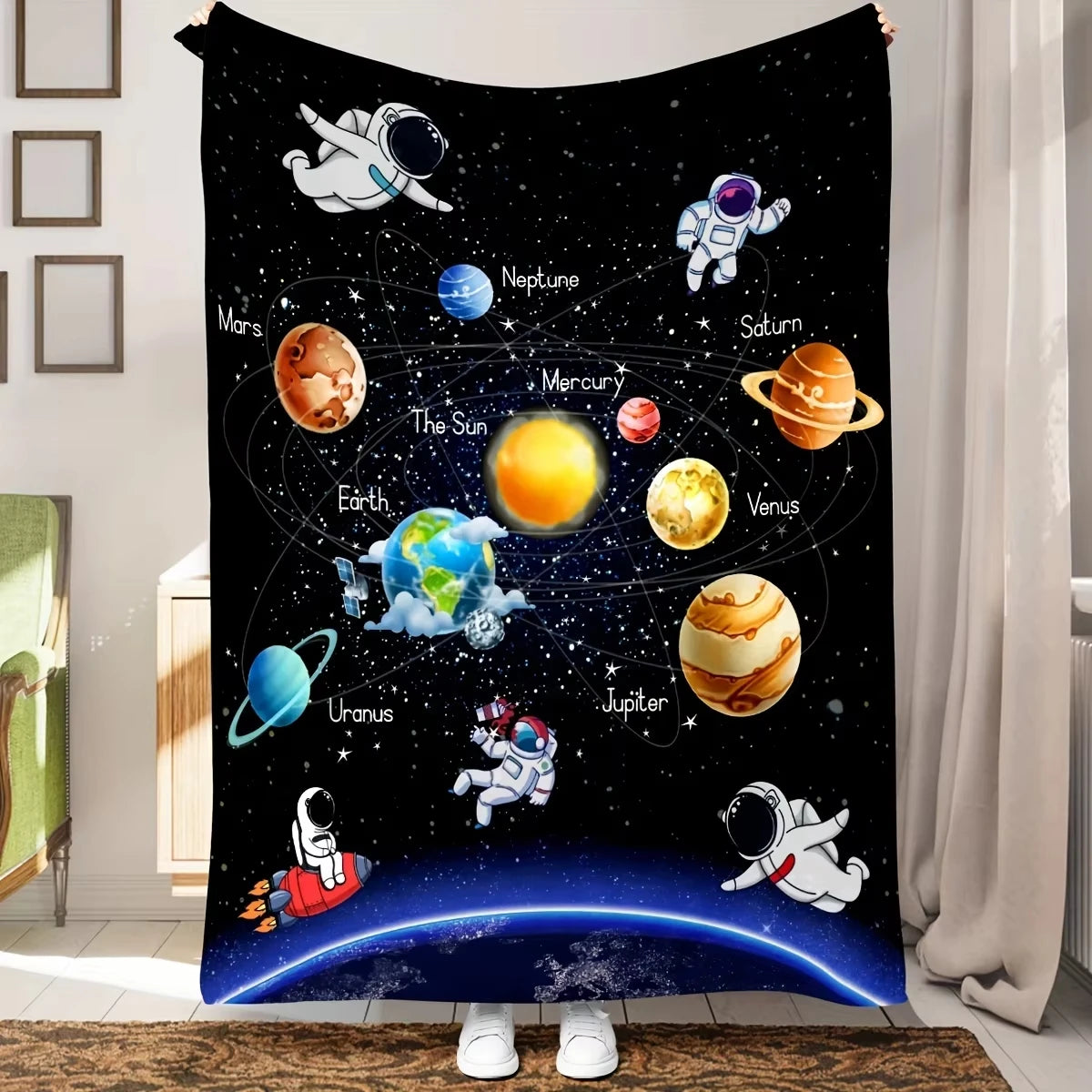 Astronaut Planet Print Flannel Throw Blanket. Cozy Space Theme Blanket