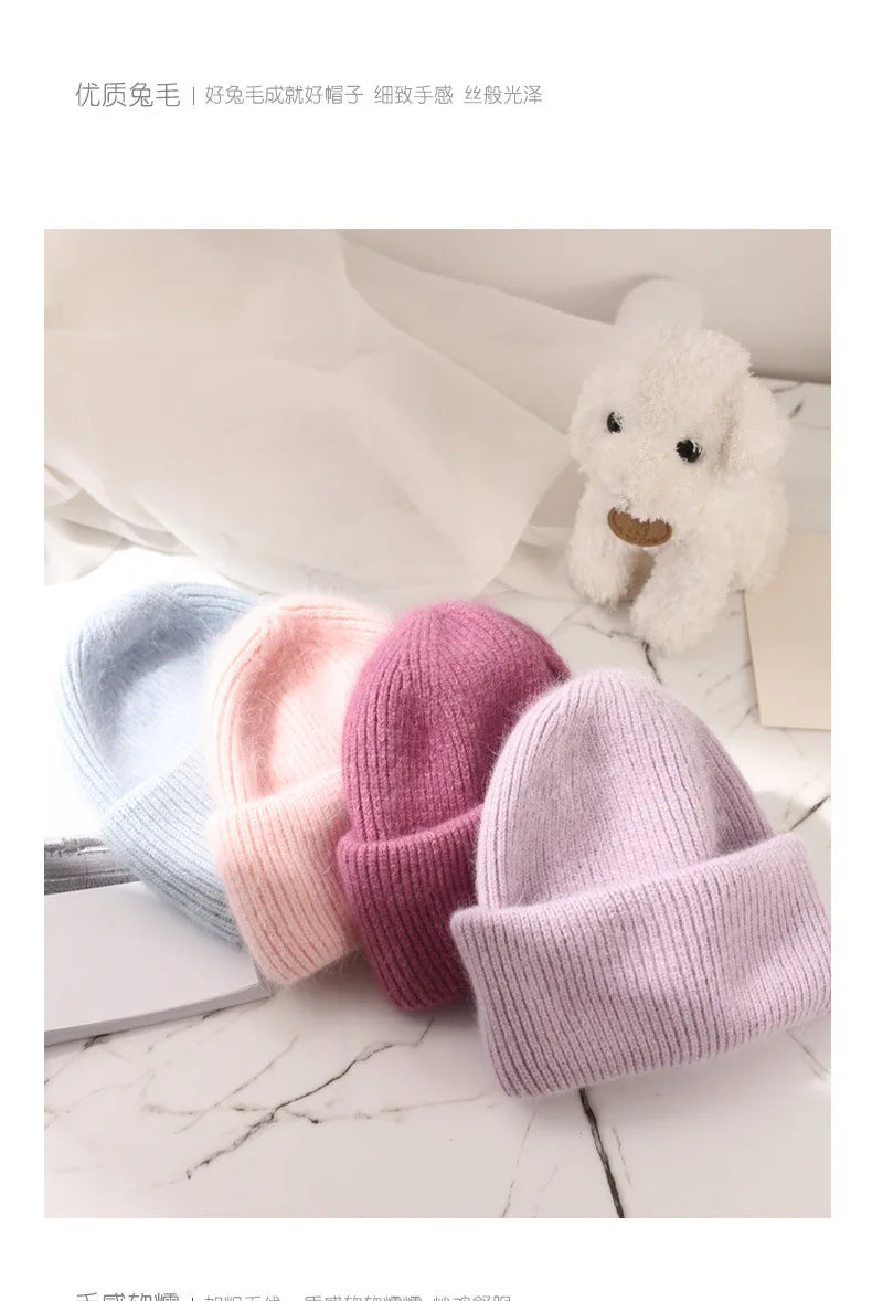 Warm Cashmere Wool Skullies Beanie For Women Rabbit Fur
