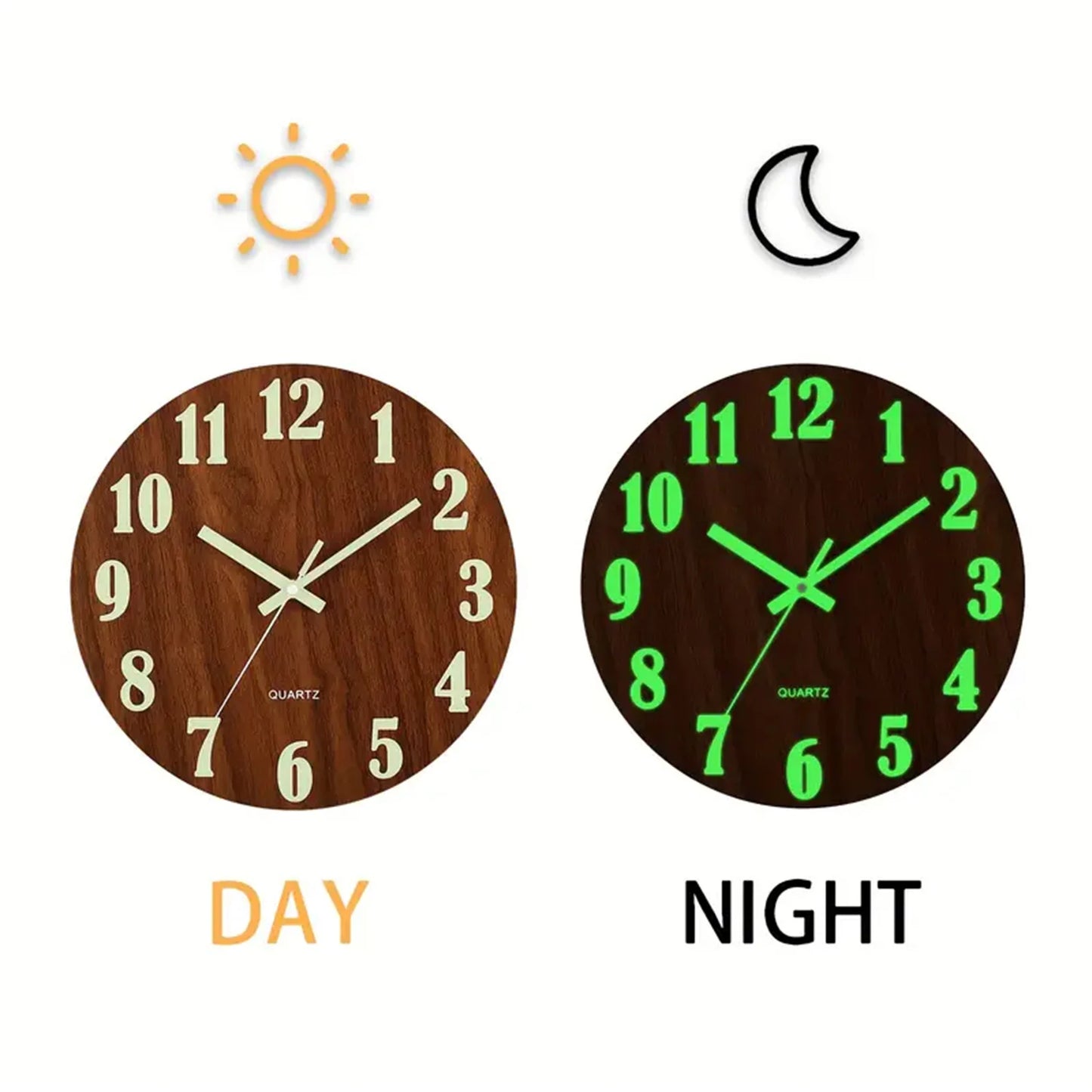Glow in the Dark Silent Wooden Wall Clock