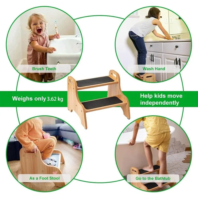 Wooden 2 Step Stools for Kids, Toddler with Non-Slip Stepping Surface, Portable Stool with Handles
