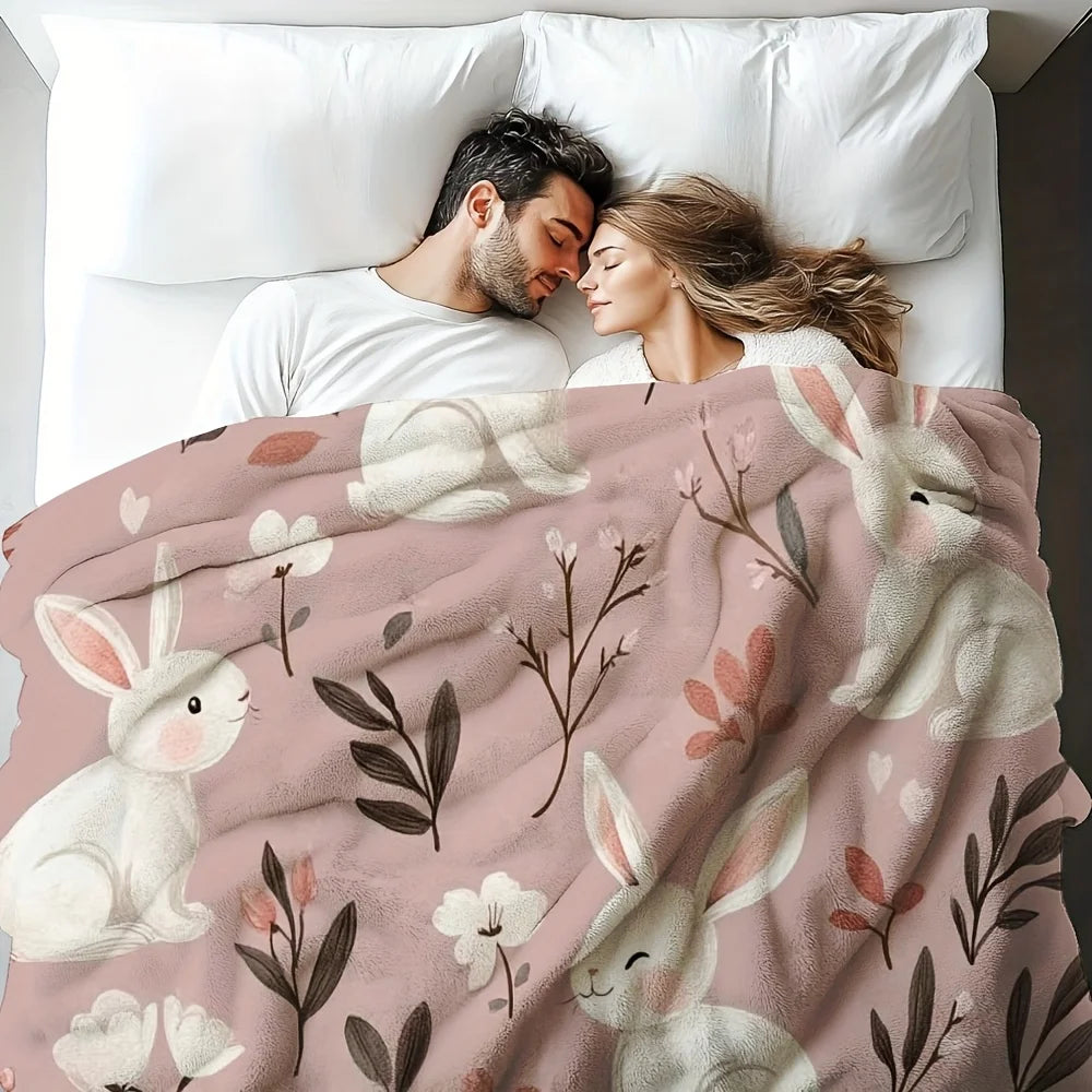 Cozy Easter Bunny Flannel Throw Blanket .Soft Pink Floral Rabbit Design for Couch & Bed