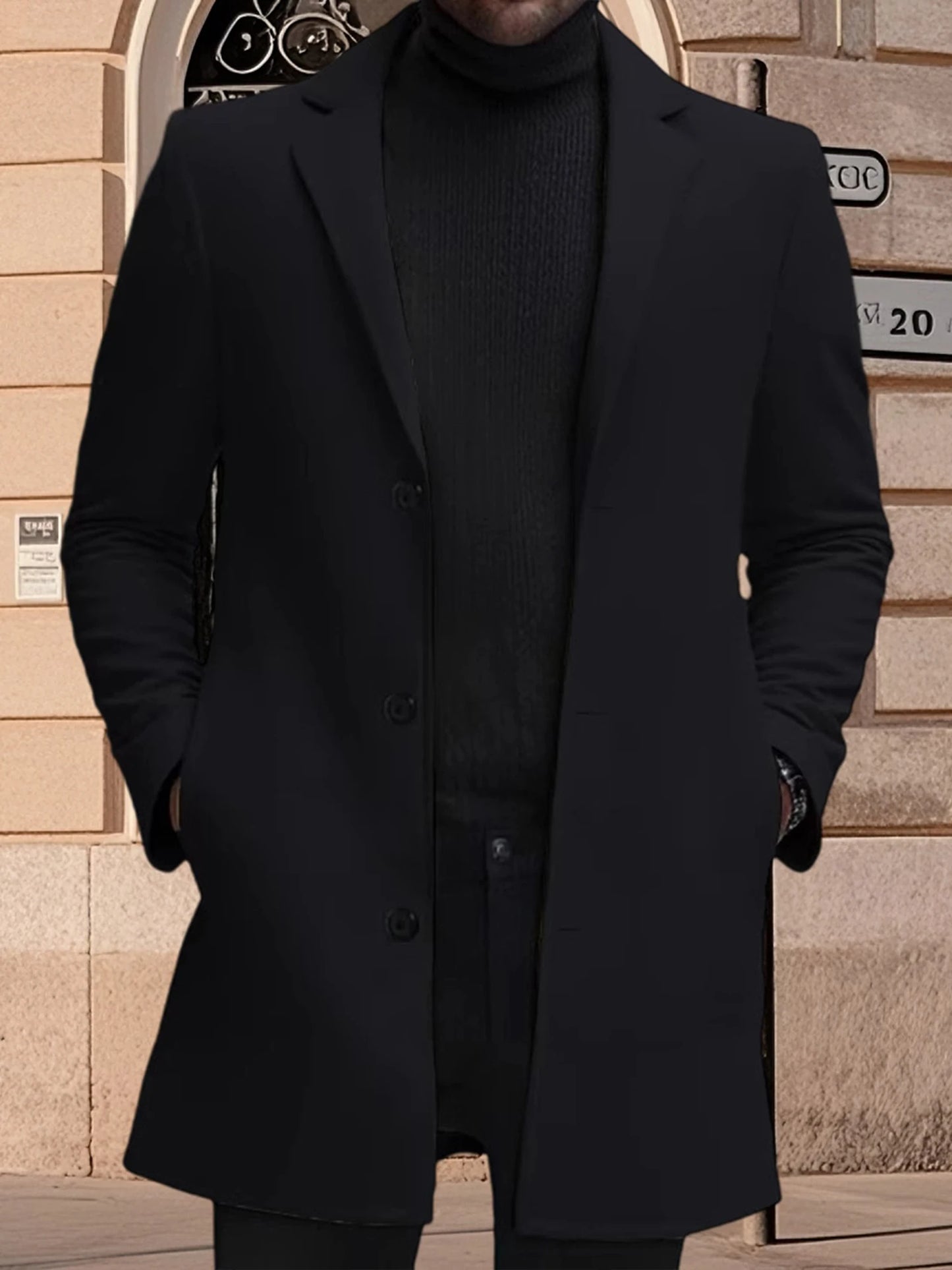 Men s Classic Wool Blend Pea Coat with Notched Lapel Collar and Single Button Closure - Stylish Mid-Length Winter Jacket for